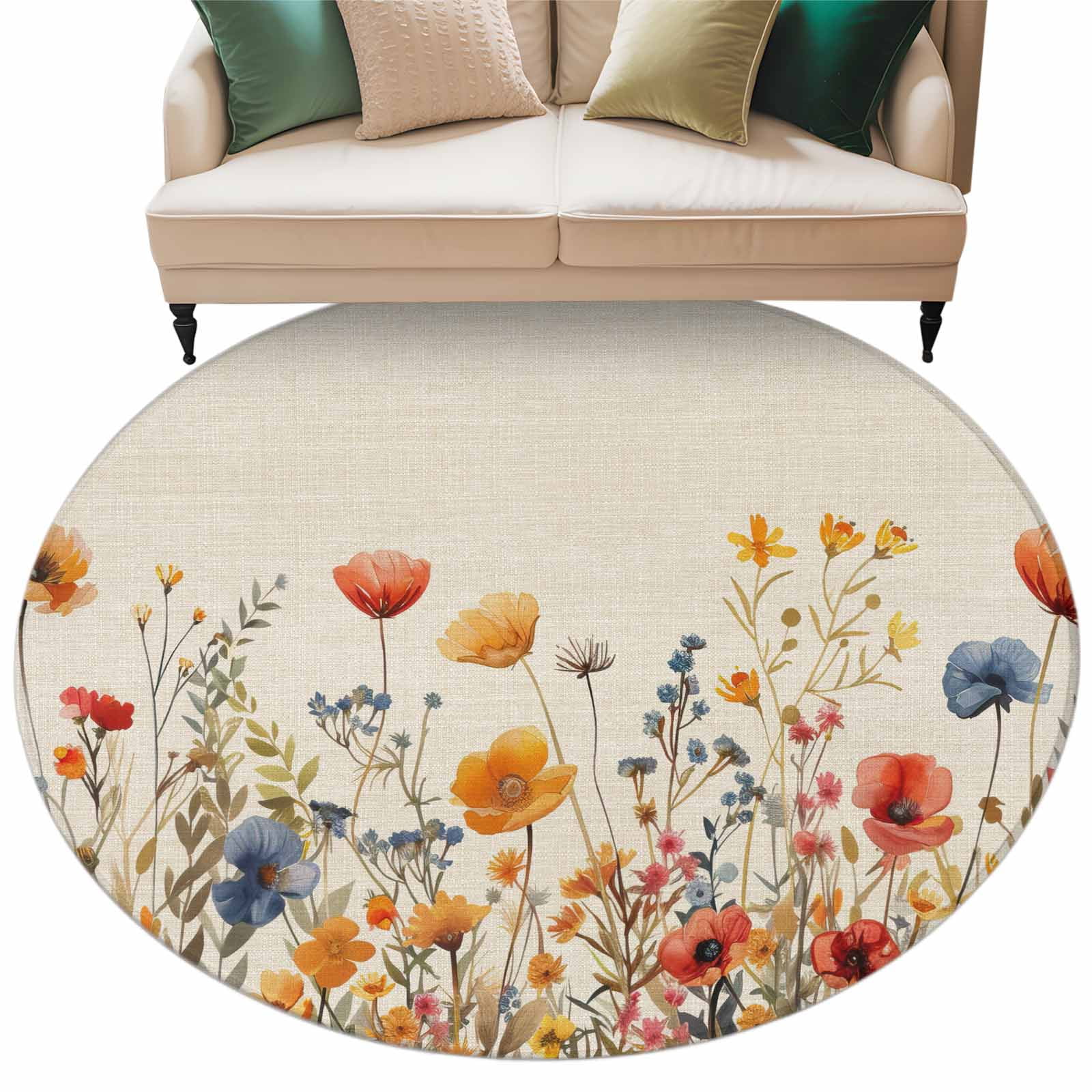 Round Rug 5ft Area Rug Watercolor Garden Blossom Floral Area Rugs for Living Room Bedroom Natural Flower Leaves on Linen Floor Mat Non-Slip Non-Shedding Carpet Indoor Accent Rugs
