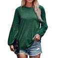 thumbnail image 1 of Top de mujer Color puro cuello redondo poliéster manga larga punto plisado otoño camiseta para el trabajo diario verde negruzco S, 1 of 5