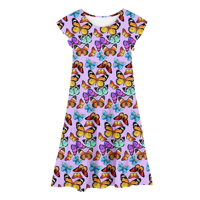 MIASHUI Robe à Manches Volantées pour Filles Tenue Décontractée d'Été Fête Imprimé Coloré Taille Élastique Confortable Robe pour Enfants Violette, 10-11 Ans