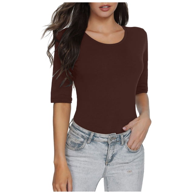 Women Half Sleeved T Shirt Solid Color Basic Slim Fit Top Polyester Loose Fit For All Seasons