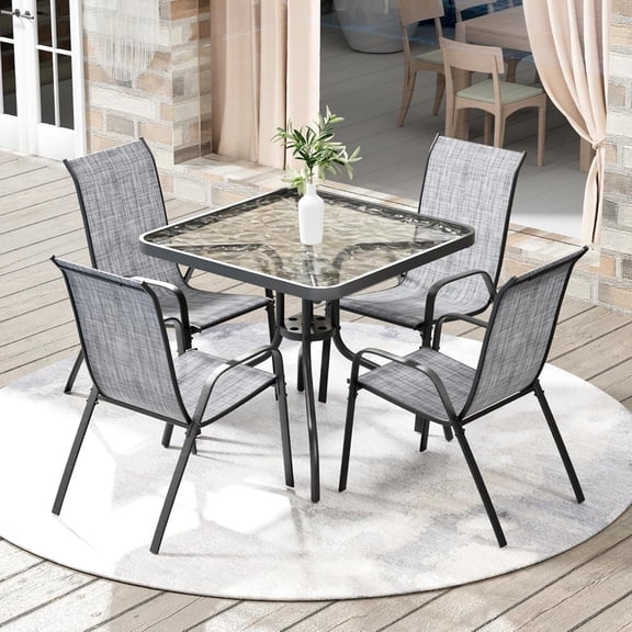 Outdoor patio dining set: glass table and Textilene chairs, gray, weather-resistant for backyard use