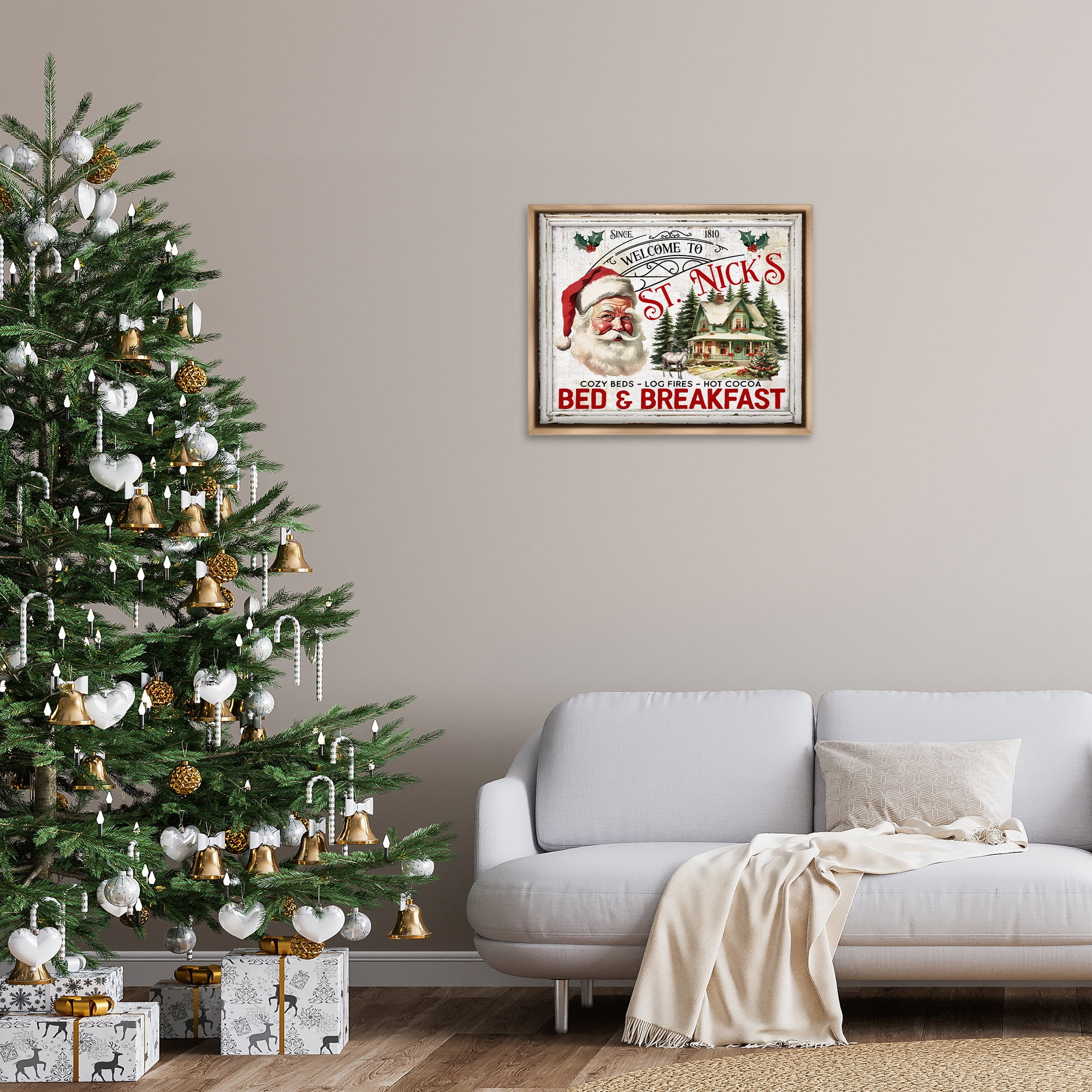 Stupell Industries St Nick's Bed & Breakfast Holiday Painting Brown Floater Framed Canvas Art Prints Wall Art, 31 x 25