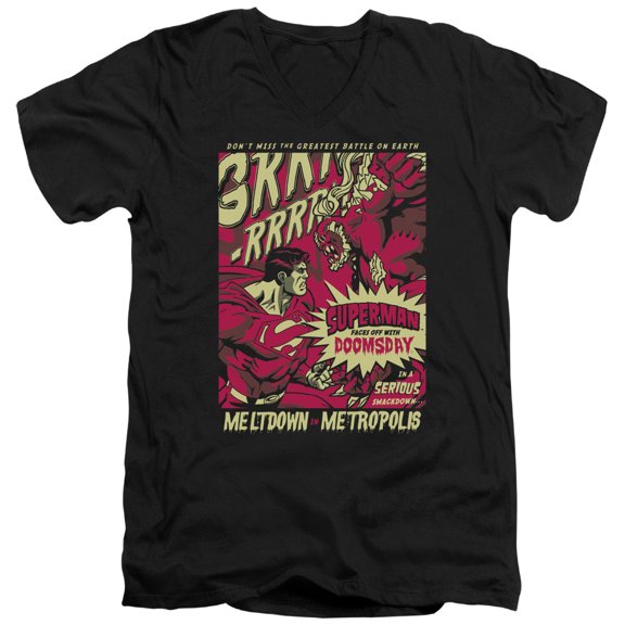 Superman Metropolis Meltdown Adult V-Neck T-Shirt Black