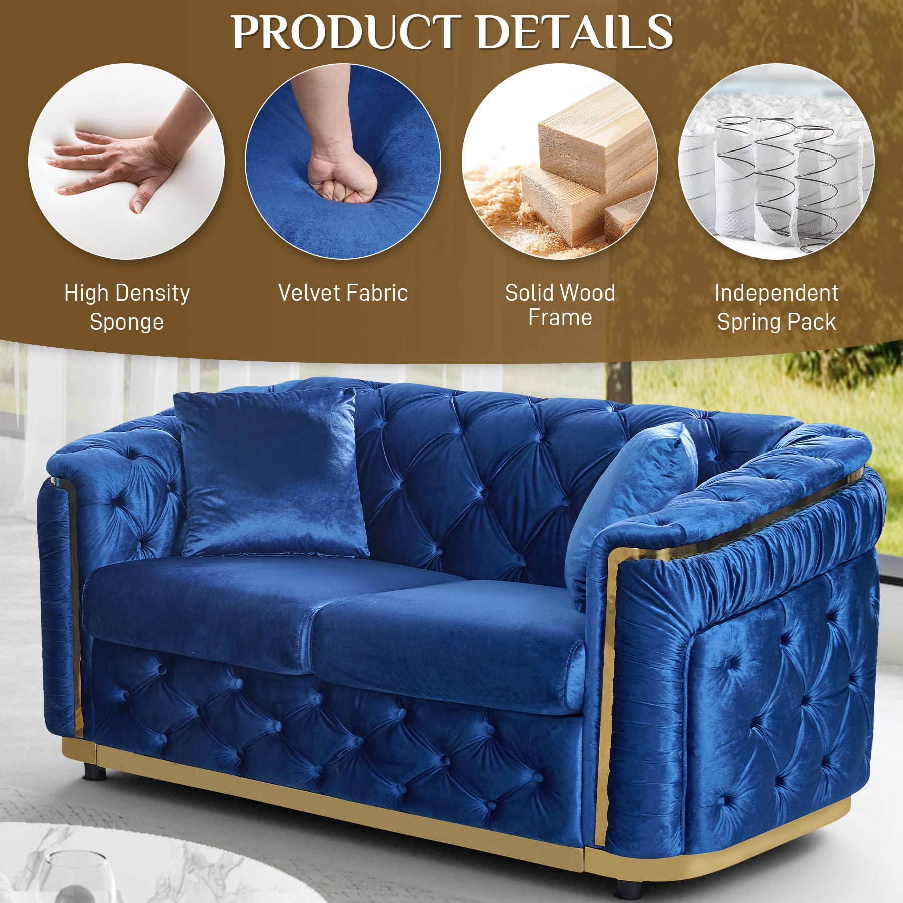 Wiilayok 62.6" Velvet Button Tufted Sofa, Mid-Century Classic Chesterfield Sofa Couch with Thick Backrest,Gold Stainless 2 Love Seat Couches for Living Room,Blue