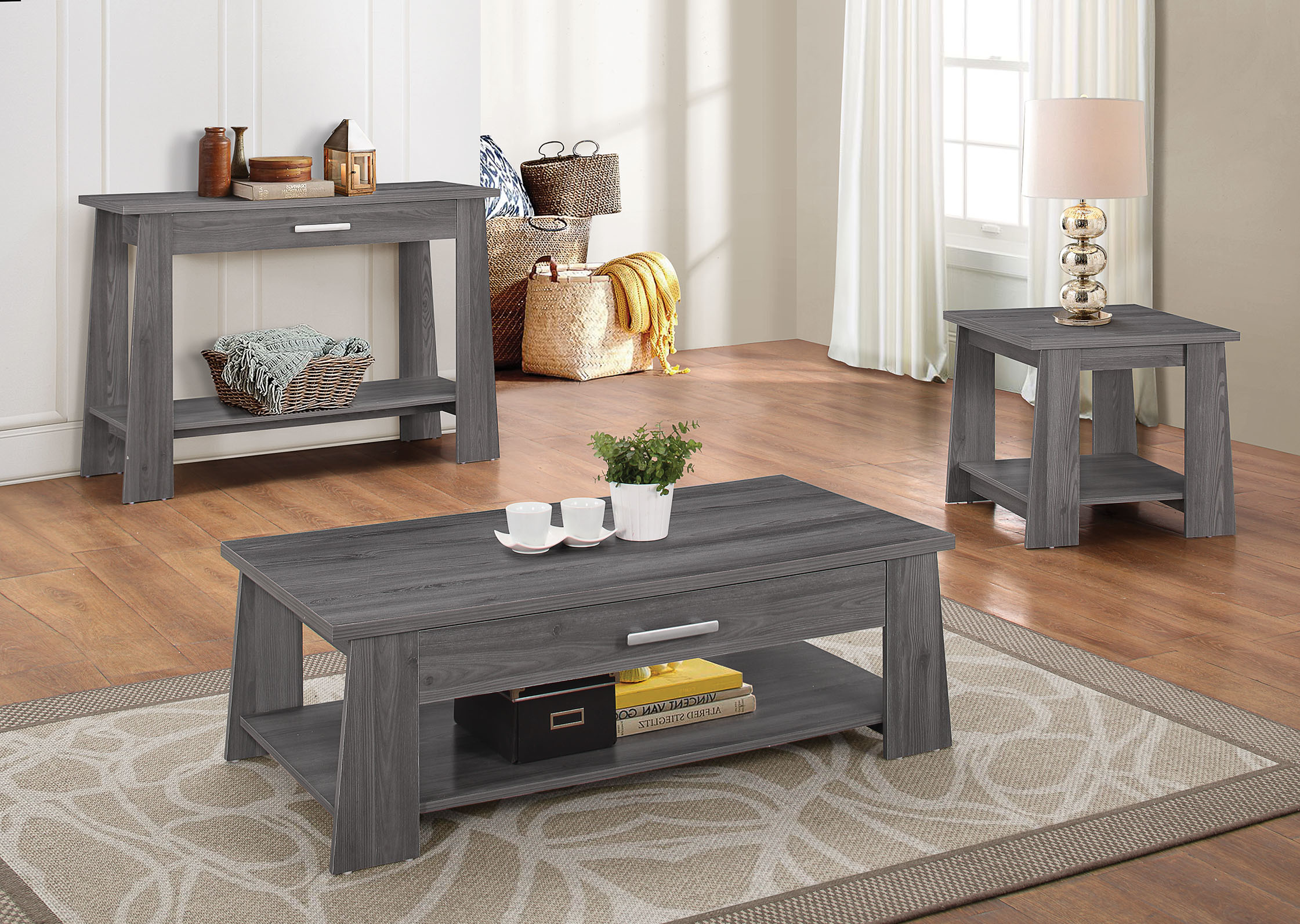 Coffee Table, Dark Gray Oak Particle Board W/Paper Ve Dark Gray