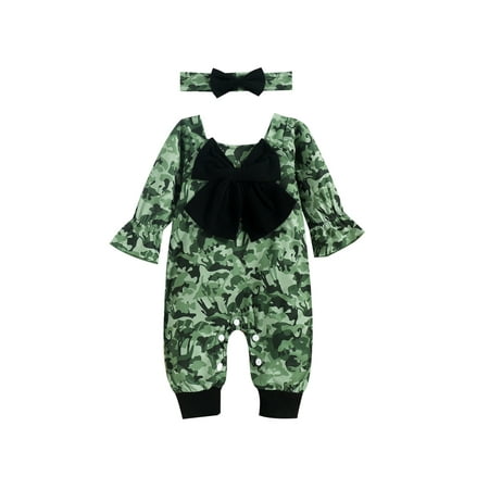 

Diconna 0-18M Infant Baby Girl Romper Big Bow Bust Camouflage Print Flare Long Sleeve Round Neck Jumpsuit+Headband Fall 2pcs