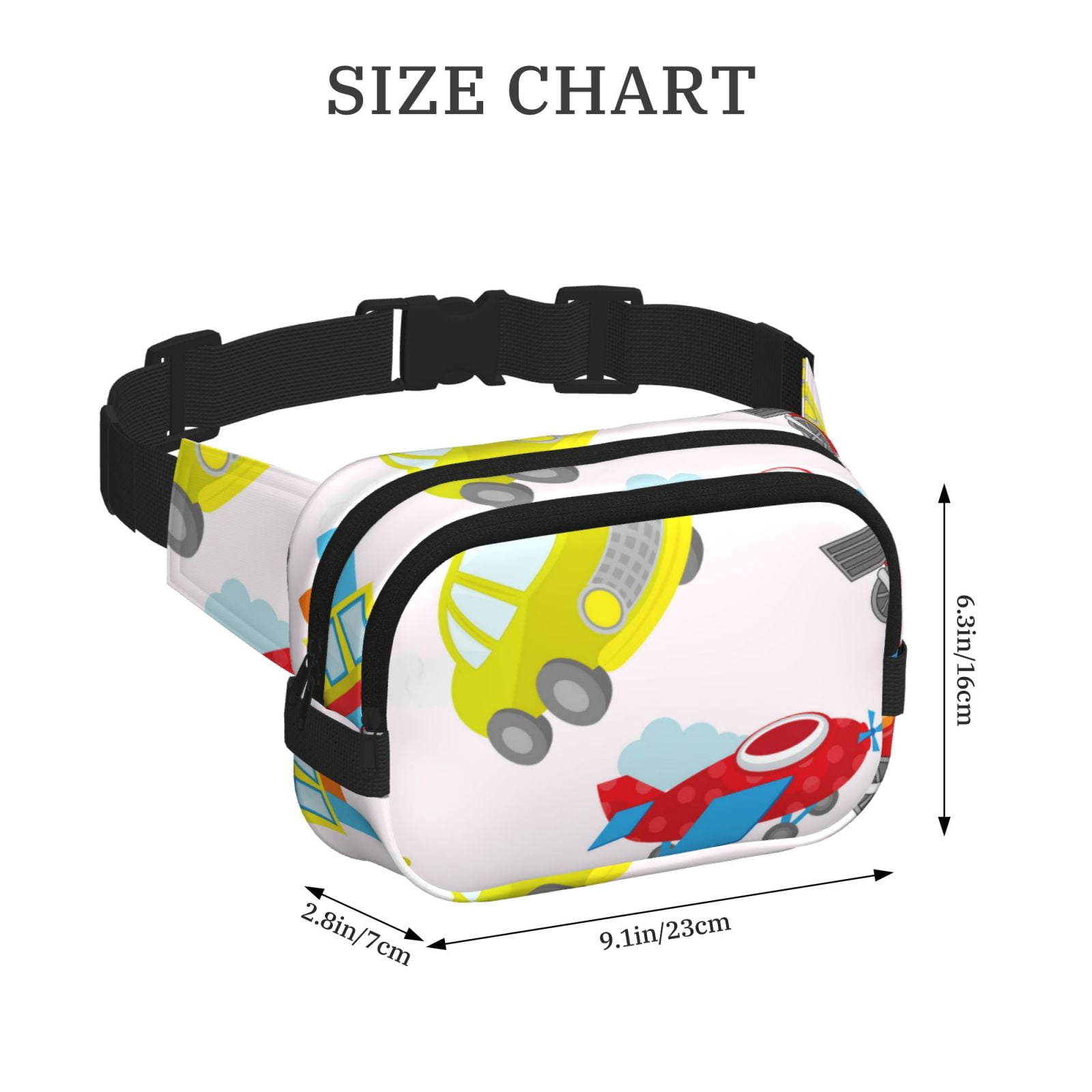 Picia Cute Transport Print Square Double-Layer Waist Bag Mini Adjustable Waist Belt Bag Exercise Running Travel Hiking