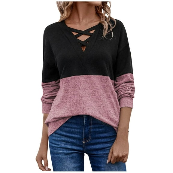 VgaVtl Cotton Womens Shirts Plus Size Long Sleeve V-Neck Ladies Tops Fancy Color Block Regular Pink Holiday Casual Shirts,XL
