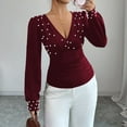 thumbnail image 5 of Bpmpbo Women's Pearl Embellished V-Neck Blouse Hand-Sewn Bead Detail Long Sleeve Top Elegant Solid Color Shirt for Dressy Casual, 5 of 5