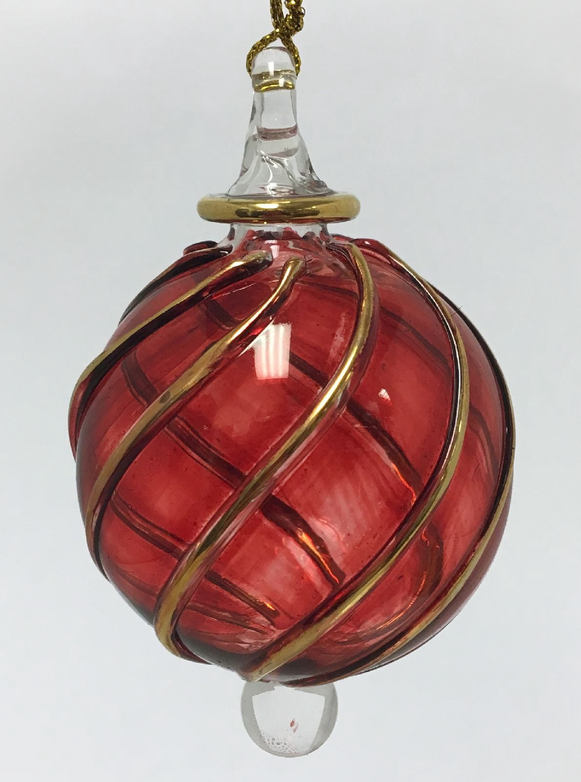 Red and Gold Swirl Ball Egyptian Glass Christmas Tree Ornament Made in