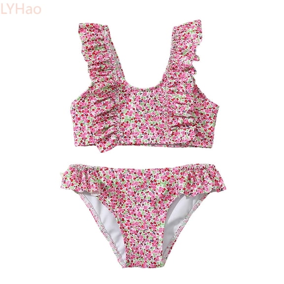 LYHao Toddler Girls Swimsuit Set Ruffle Trim Bikini With Pastel Floral Pattern | UPF 50 Sun Protction Swimwear,Two Piece Bikini Sets 4-5 Years Pink