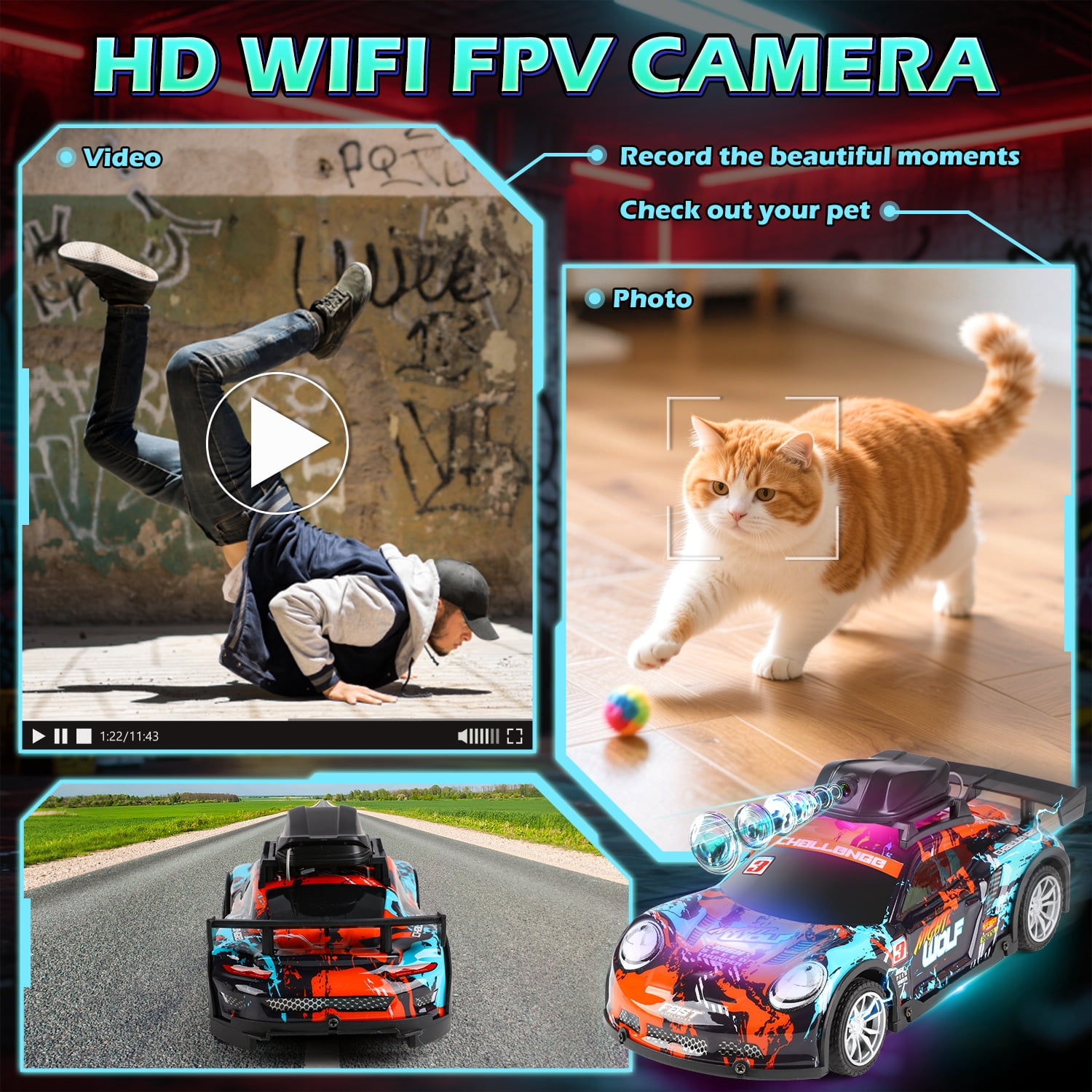 Huge Wave Remote Control Car for Boys, 2.4GHz High Speed RC Car with HD Camera, with 2 Batteries for Kids Birthday Christmas Toys Gift 6-12 Years Old