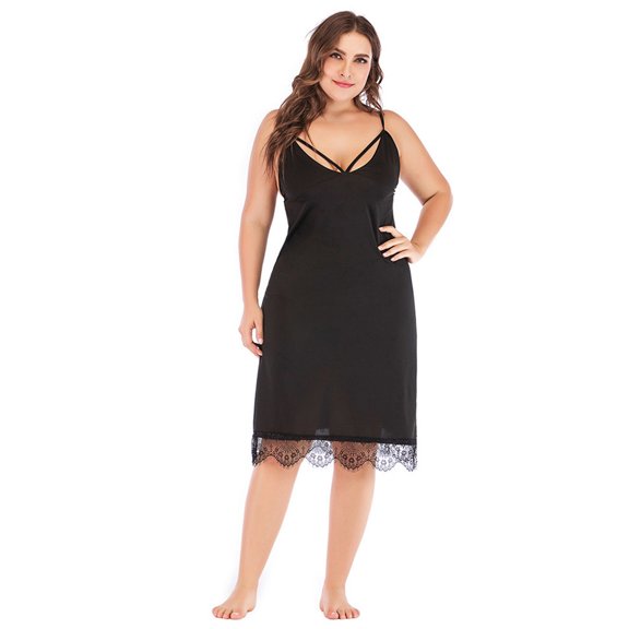 Women Plus Size Spaghetti Strap Midi Long Slip Dress Hollow Out Deep V-Neck Eyelash Lace Hem Lingerie Nightgown