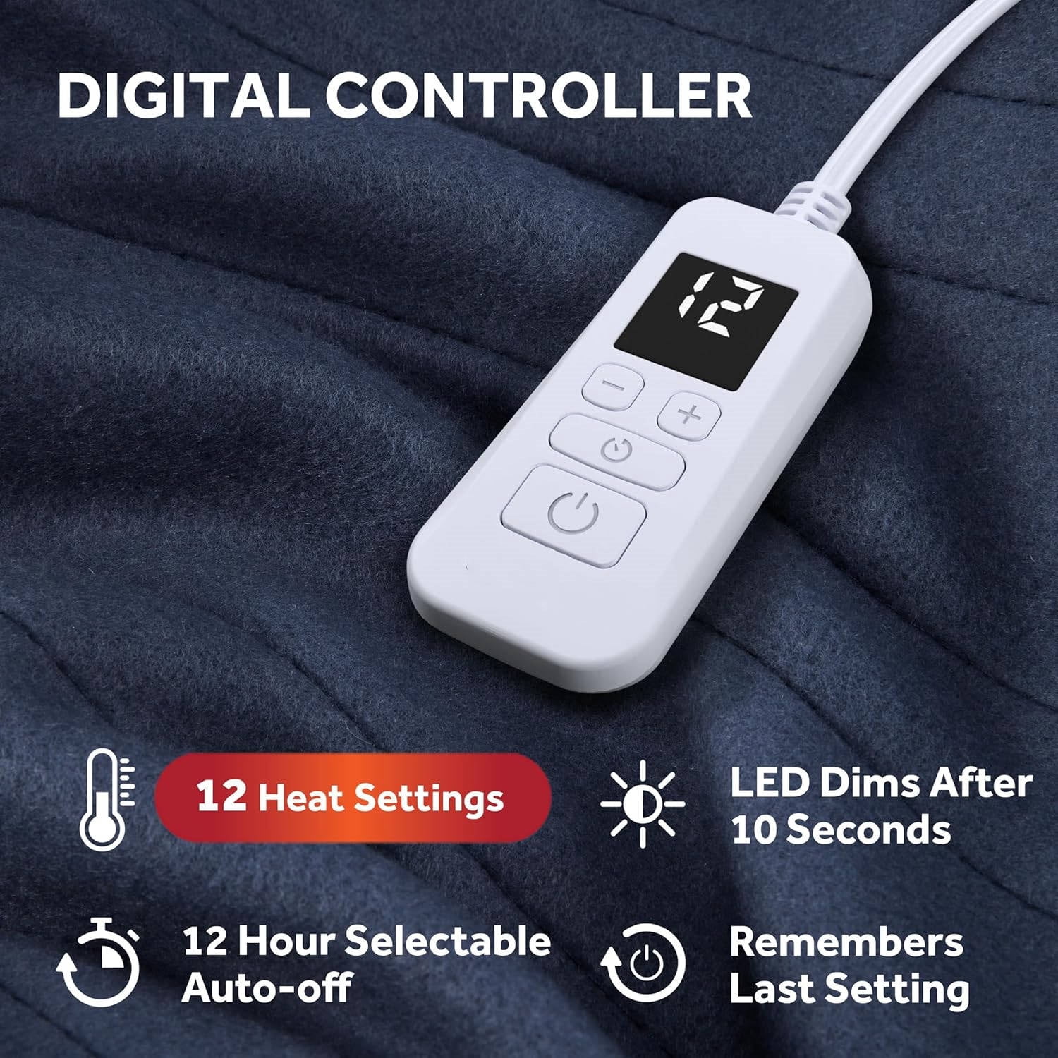 Ultra Fleece Heated Electric Blanket, Twin Size, 84" x 62", 12 Heat Settings, 12-Hour Auto Shut-Off, Indigo