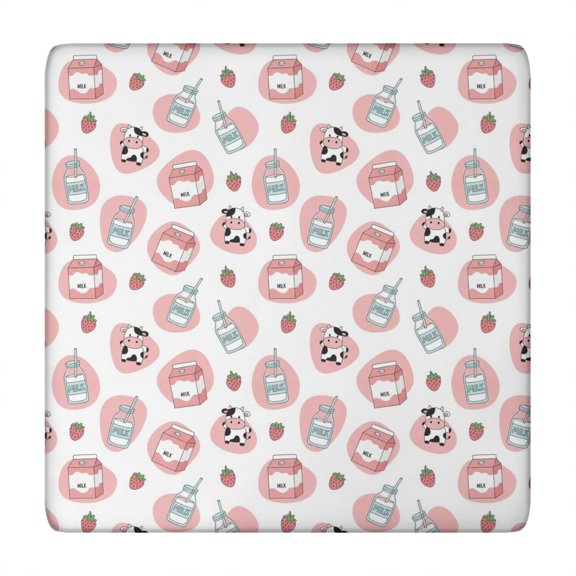 Pink Cow Milk Strawberry Pattern Square Fitted Tablecloth with Elastic Edge,Square Table Cover,Washable Elastic Table Cover for Home Kitchen Party Decor 34"x34"
