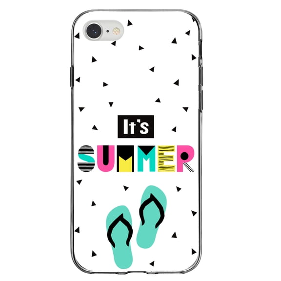 DistinctInk Clear Shockproof Hybrid Case for iPhone 7 8 SE (2020 Model) 4.7" Screen TPU Bumper Acrylic Back Tempered Glass Screen Protector - Summer Graphics - It's Summer Cartoon Flip Flops