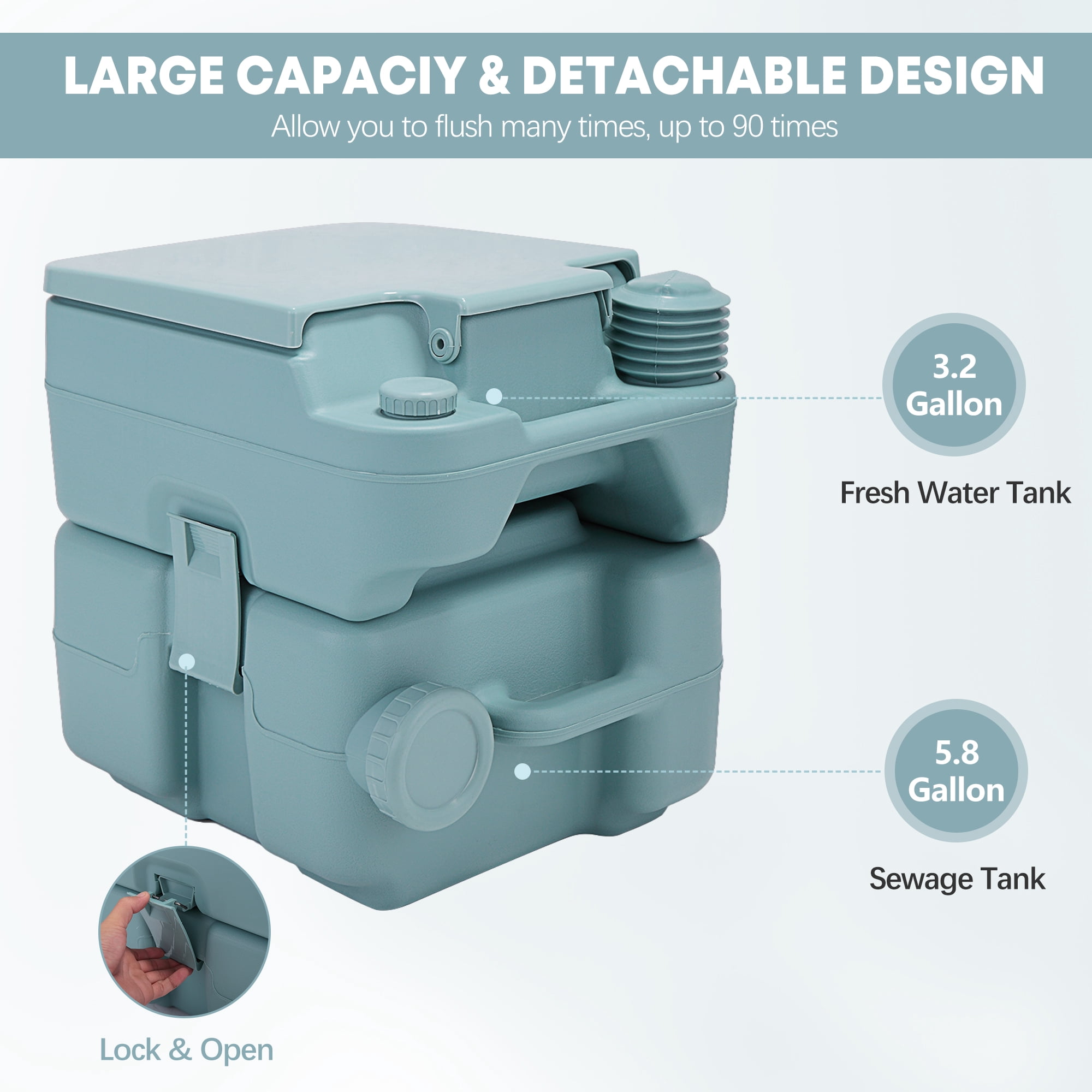 Jaxpety Portable Push-rod Toilet, 20L/5.28 Gallon Outdoor Commode with Detachable Tank for Camping, Boating, Hiking and Traveling, Green