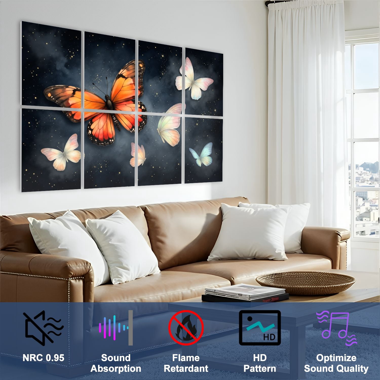 8 Pack Art Acoustic Panels Sound Absorbing Colorful Artistic Butterflies Dark Decorative Soundproof Wall Panels Self Adhesive for Nursery Game Room Bedroom 48"x32"