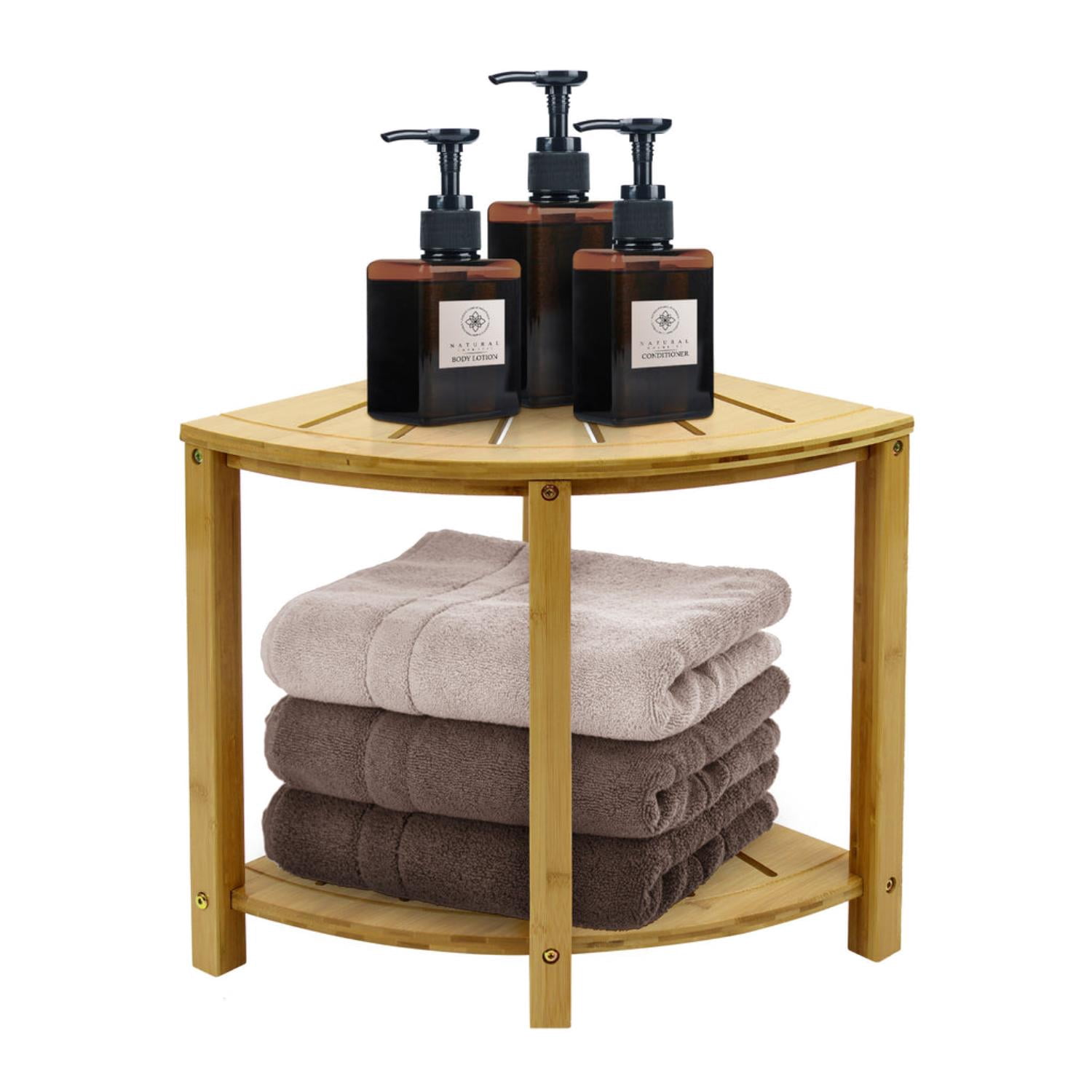 Sorbus Bamboo Shower Stool with Shelf, Corner Bath Bench, Waterproof Bathroom Seat, Natural