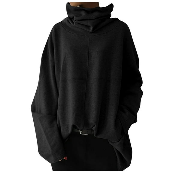 UJNDER Women's Sweatshirt Solid Color Splice Turtleneck Pocket Pullover Long Sleeve Casual Loose Black XL
