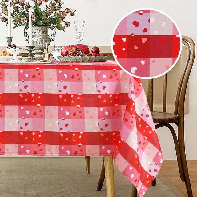 Valentine''s Day Table Cloth, 60 x 84 Inch, Checkered Rectangle Tablecloth Love Heart Patterned Washable Decorative Table Cover for Wedding Holiday Party Kitchen Dinning Anniversary