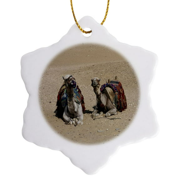 3dRose, Two camels in the desert, 3 inch Snowflake Porcelain Ornament