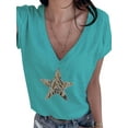 thumbnail image 2 of TWZH Women Star Print Sequins Casual V Neck Summer Short Sleeve T-Shirt Tops, 2 of 3