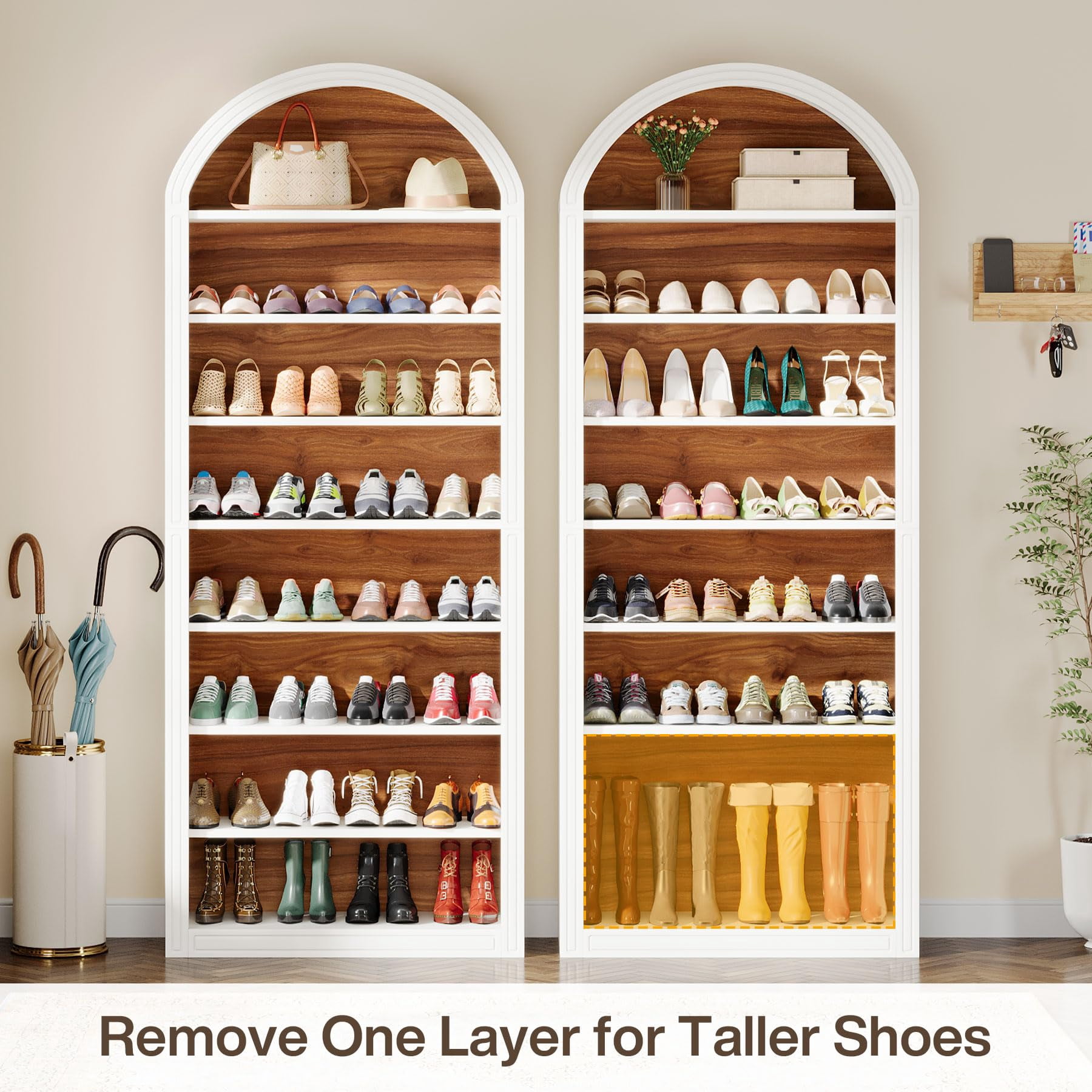 Fnova 79.5" Arched Shoe Storage Cabinet, 8-Tier Wooden Shoe Organizer Rack for 35 Pairs, Adjustable Shelves, White