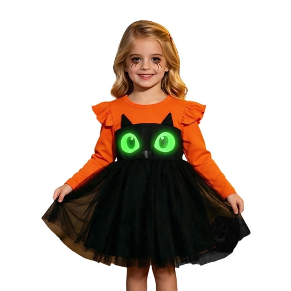Bobifish Little Girls Halloween Dress A-Line Long Sleeve Black Cat Shaped Tulle Multi-Layer Dance Dress Children Girls Skirt