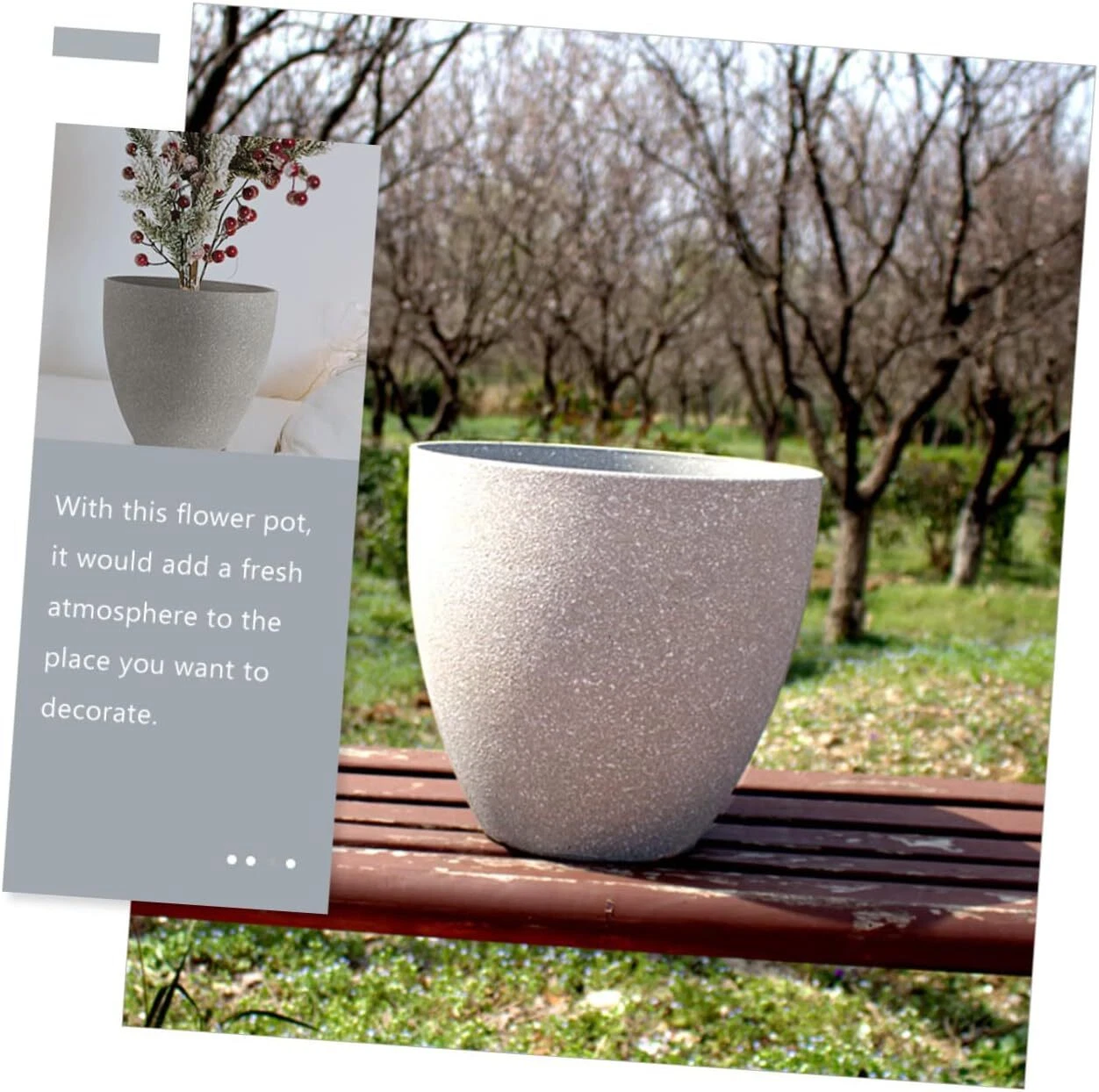 Colourtree Light Grey Simulated Stone Flower Pot Stylish Resin Planter with Drainage Holes and Resin Tray, 11.8”(Upper D)x 7.1”(Bottom D) x 11.8”(H)