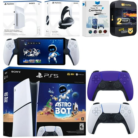 Sony PlayStation 5 Astro Bot Slim Digital Bundle with Disc Drive, Pulse Elite Headset, Extra Controller, PlayStation Portal, MightySkins Voucher and 2 Year Extended Warranty - Galactic Purple