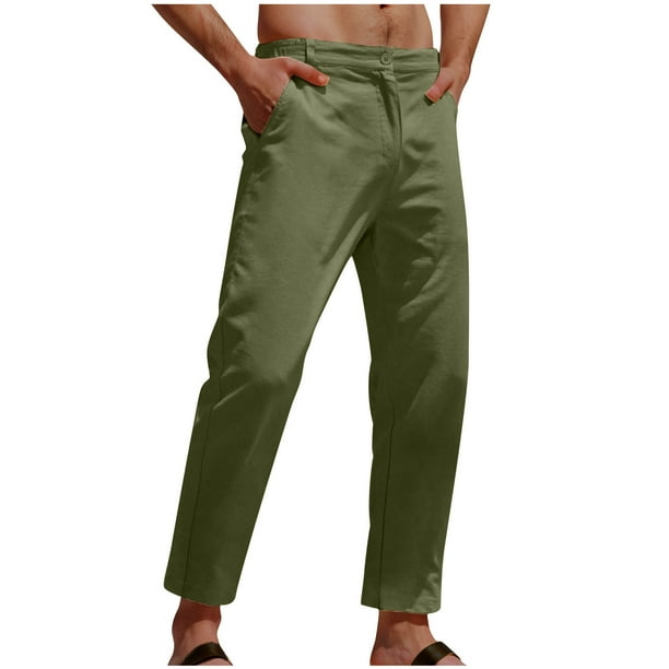 Puntoco Pantalones casuales de longitud completa para hombre, pantalones casuales sólidos a la moda con bolsillos, botones, cremallera y cintura elástica, pantalones largos