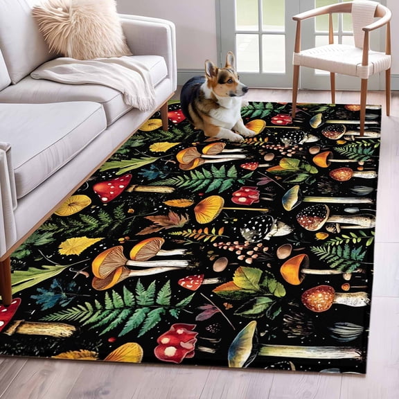 Yellow Mushroom Area Rug 3x5 Washable Rug Non Slip Spring Summer Botanical Vintage Black Large Area Rug Indoor Floor Carpet for Entryway Bedroom Kitchen Living Room Home Office Dining Room Nursery