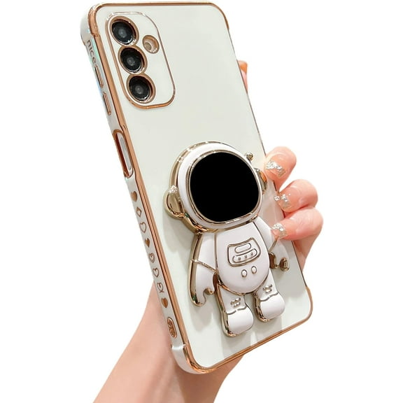Compatible with Samsung Galaxy A14 5G 6.6" Luxury Plating Astronaut Kickstand Phone Case with Cute Love Heart Side Small Pattern Soft Silicone Shockproof Cover Stand Holder Bumper (White)