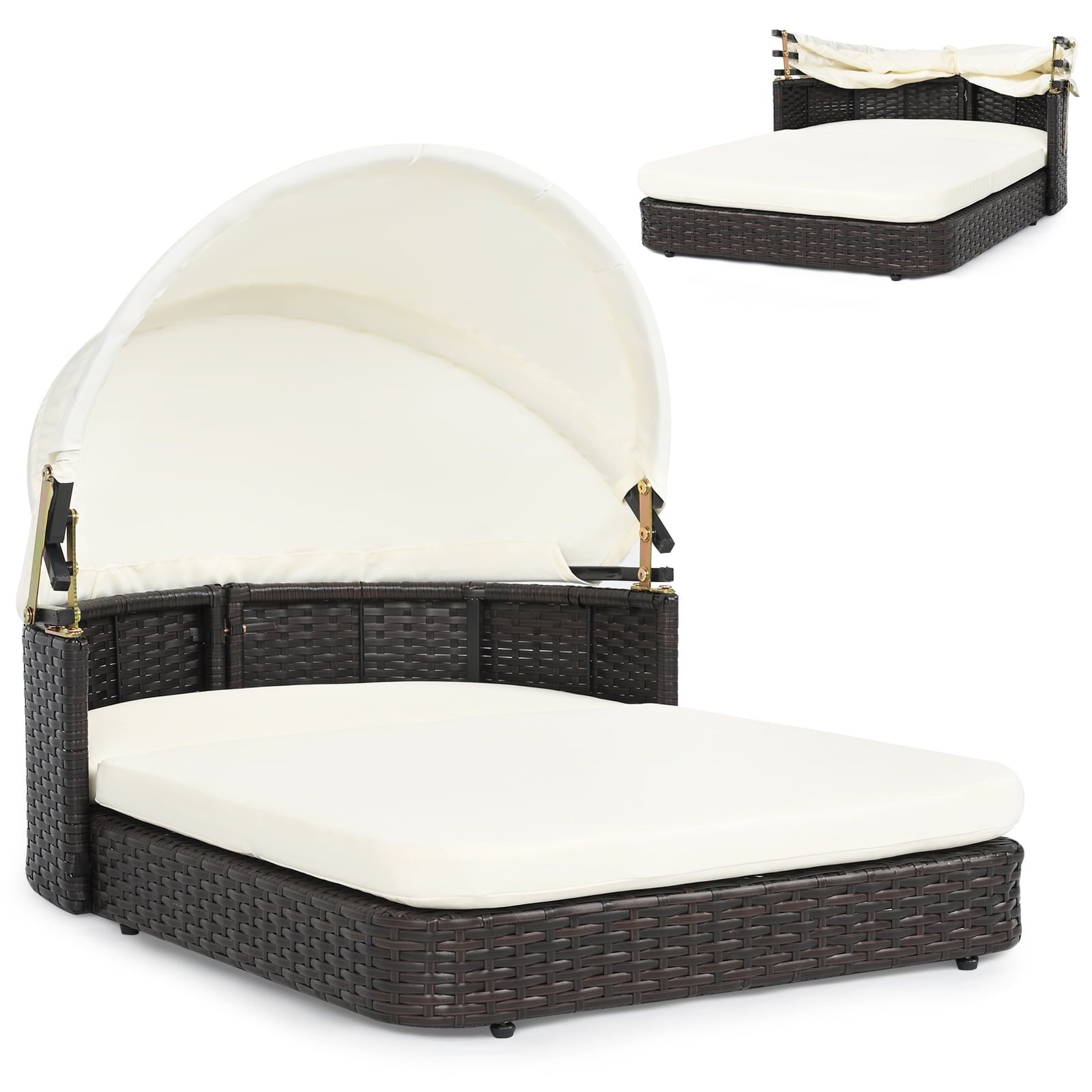 Gymax Wicker Dog House Outdoor w/Adjustable Canopy 2 Detachable Soft Cushions for Yard Mixed Brown & Off-white