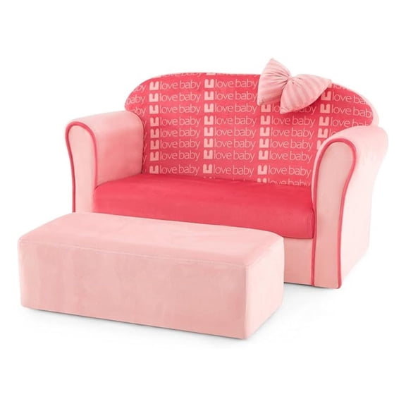 Pink Toddler Couch, Comfy Chair w/Ottoman, Cute Bow, Lightweight Playroom Furniture w/ Cover & Wooden Frame, Style Loveseat for Bedroom, Kids Sofa for Girls Boys