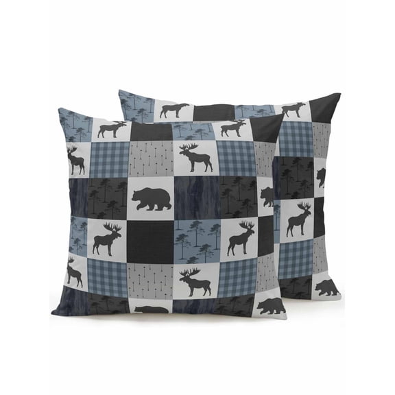 Waterproof Outdoor Throw Pillows with Inserts 16"x16" Set of 2,Blue Cabin Check Soft Decorative Pillowcases for Bedroom,Rustic Bear Elk Farmhouse Buffalo Plaid Pillow Covers for Sofa Living Room