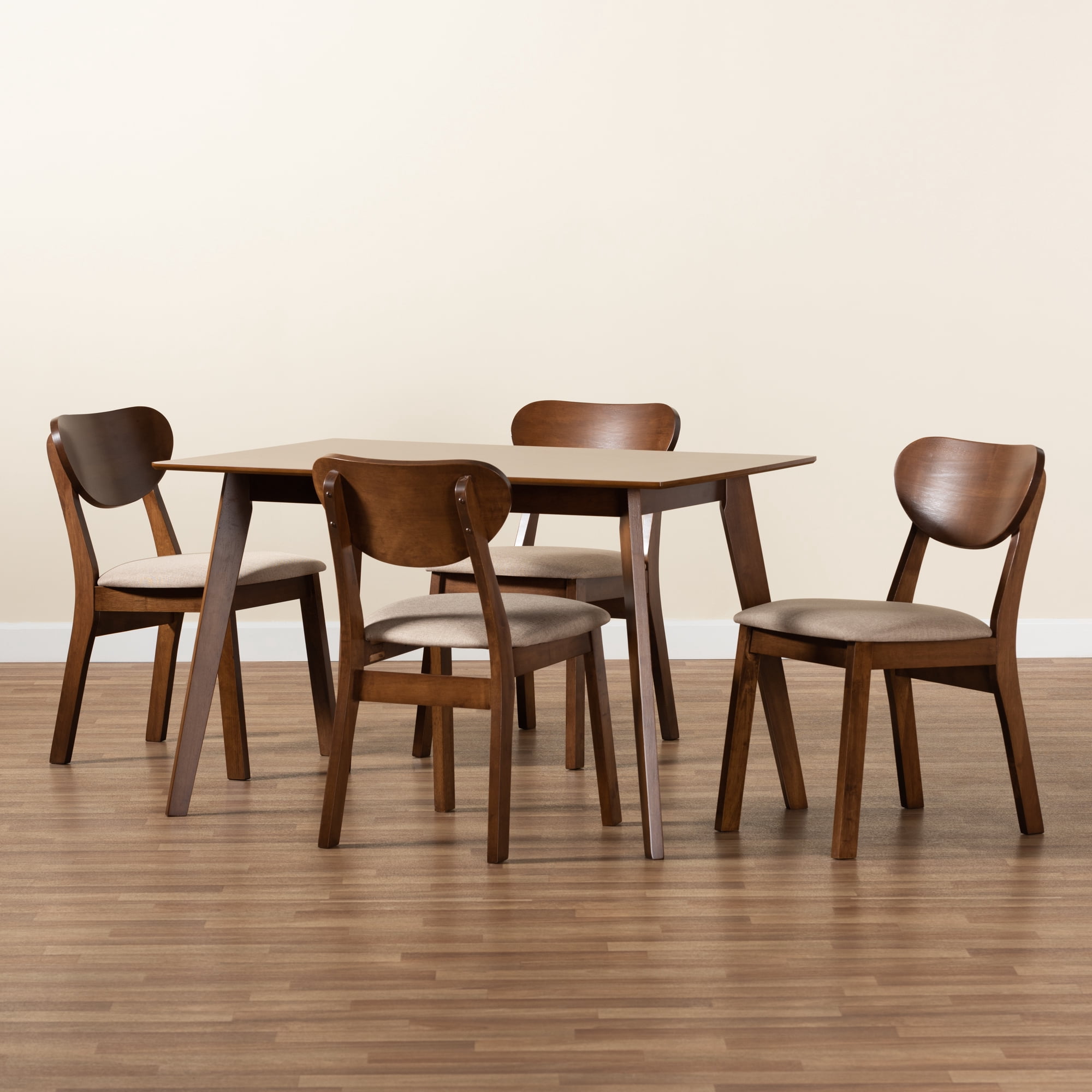 Baxton Studio Damara Mid-Century Modern Sand Fabric Upholstered and Walnut Brown Finished Wood 5-Piece Dining Set