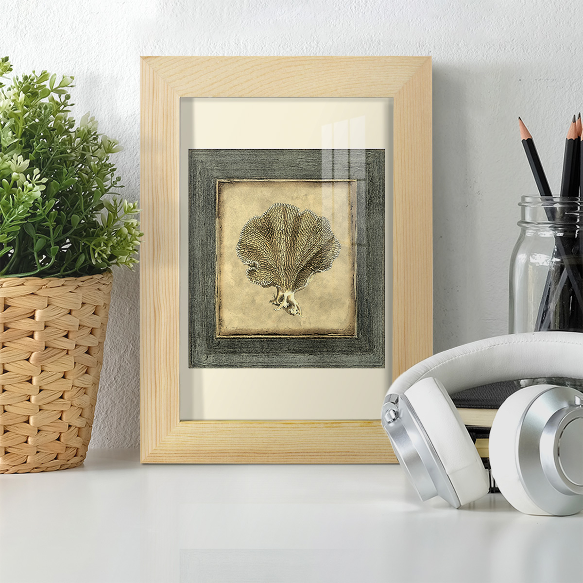 Mini Exotic Coral VI (U) - Framed Print w/glass - Natural Wood