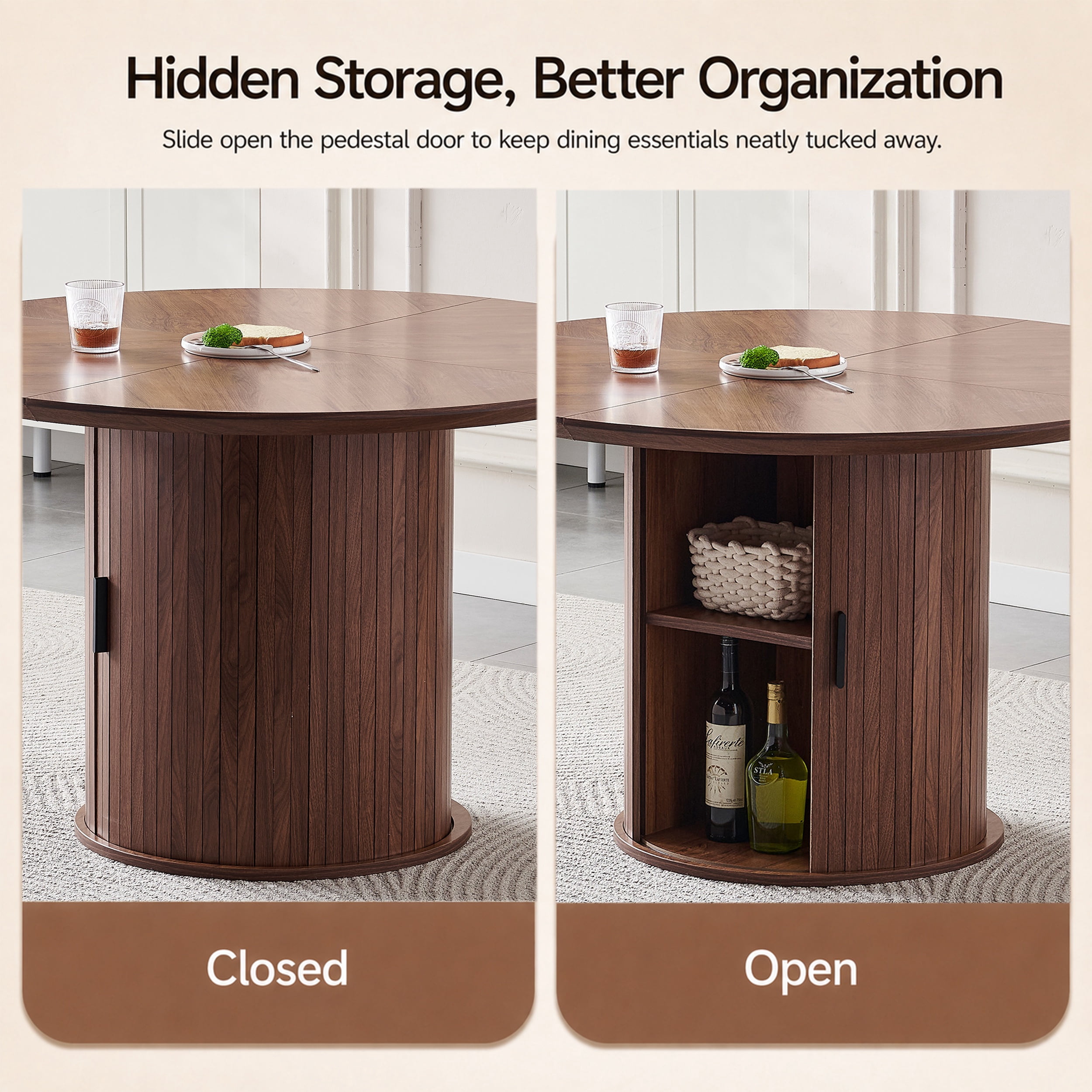Round Dining Table for 4-6, PAPROOS 47'' Large Wood Kitchen Table, Dining Room Table with Storage & Wide Tabletop, Circle Dining Table Dinner Table for Kitchen Dining Room, Brown(Only Table)