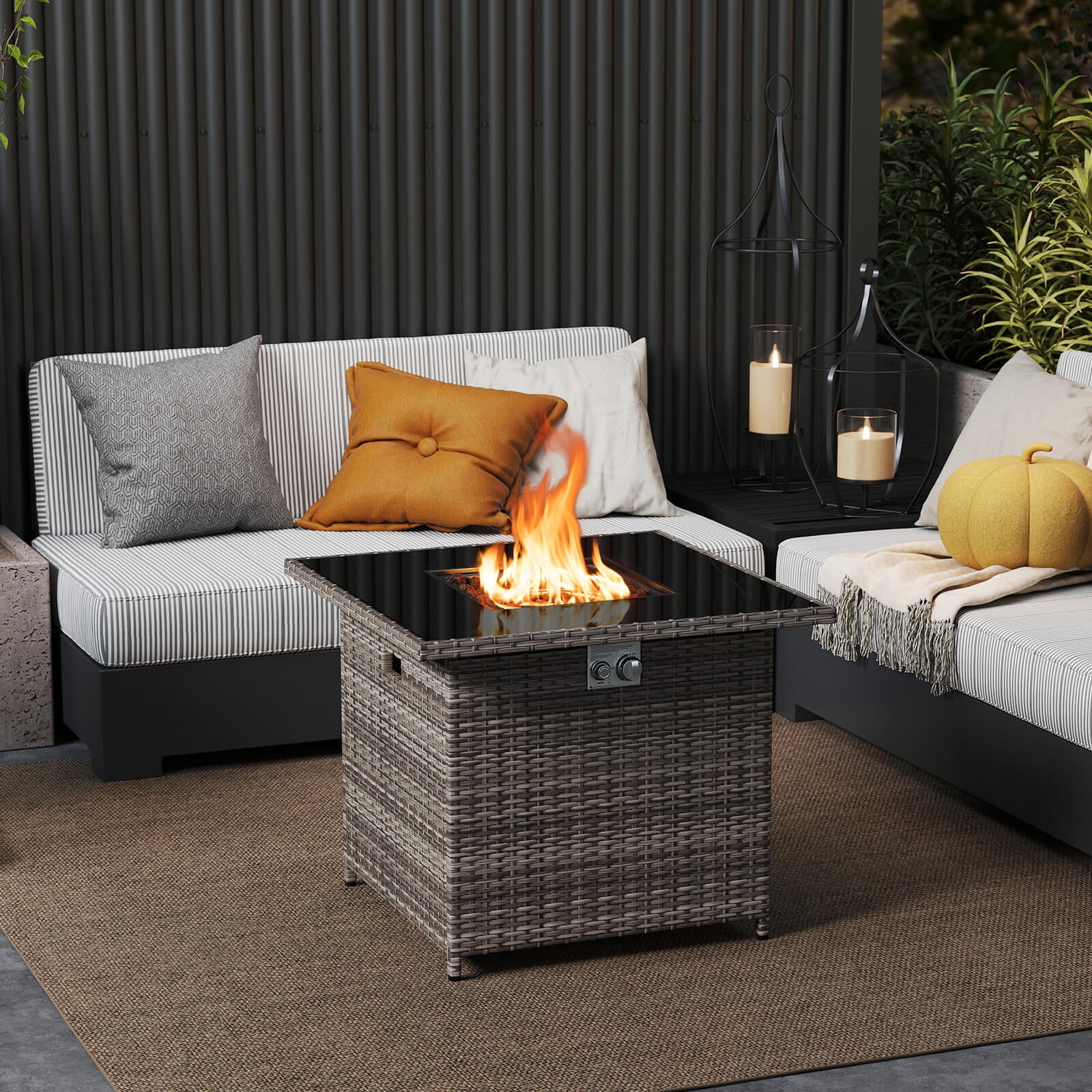 Costway 32.5" Propane Fire Pit Table Outdoor Wicker Gas Firepit with Stainless Steel Burner Gray