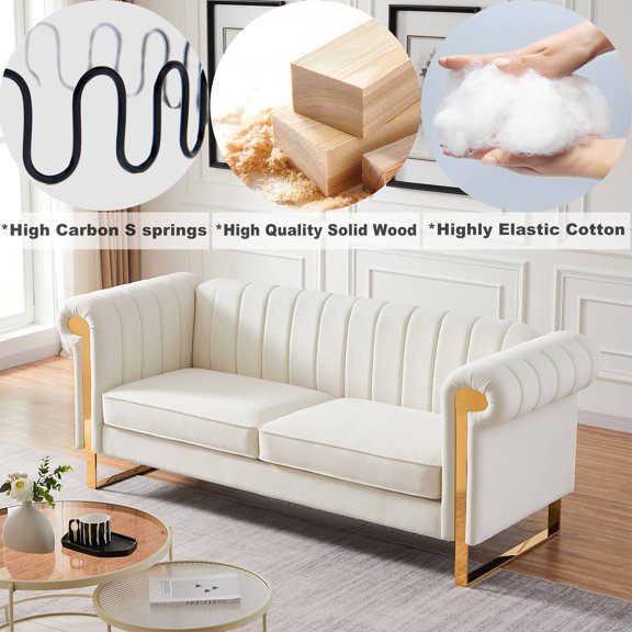 LaMuseCybèle  83" Modern Velvet Sofa, Collection Contemporary Velvet Upholstered Sofa Couch with Gold Stainless Steel Arm and Legs, Beige Color
