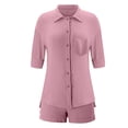 thumbnail image 4 of mihongmao 2 Piece Lounge Set Women Airport Travel Outfit Women's Summer Two Piece Neck Long Sleeve Shirt High Waist Drawstring Large Shorts Casual Set Pink L, 4 of 5