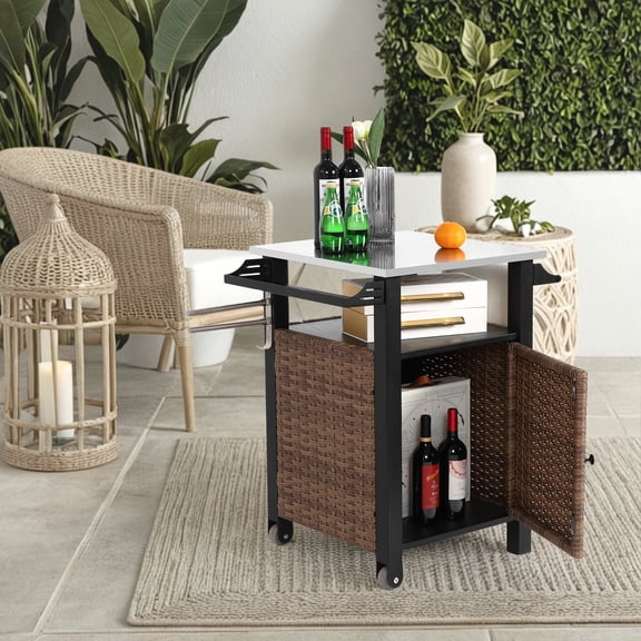 Outdoor Storage Box, Single door bar cart,Outdoor Kitchen Wicker Island Rolling Cart & Storage Cabinet, Wheels and Stainless Steel Extended Table Top, Side Handle for Patio Kitchen or Bar Cart, Brown