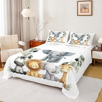 Manfei Wild Animal Elephant Full Size Sheets,Zebra Lions Giraffe Bed Sheets,Cute Zoo Animal Sheet Sets For Girls Kids,Breathable Home Decor,4pcs