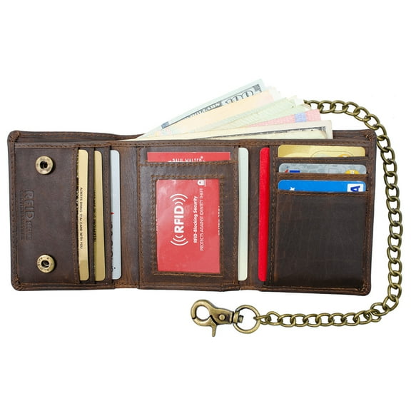 Men Biker Long Chain Trifold Wallet in Vintage Hunter Leather
