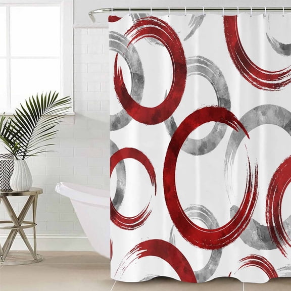 Red Grey Shower Curtain Set, Waterproof Shower Curtains for Bathroom, Geometric Circle Modern Abstract Simple Art Washable Fabric Cloth Bath Curtain for Bathtub Decoration with Hooks 66x72 Inches