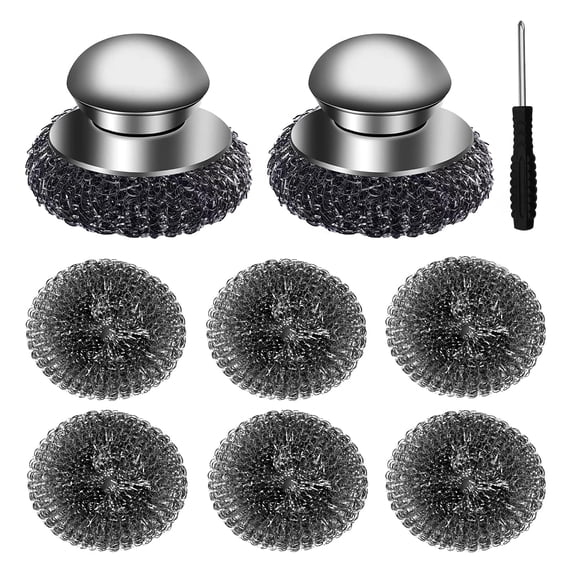 Godance 2 Pcs Stainless Steel Wool Scrubber with Handle, 6 Replacement Steel Scrubber Wool Pads,  Steel Wool Scrubber Set for Cleaning Kitchen and Household, Dishes, Stoves, Grill, Wash Sink, Pots