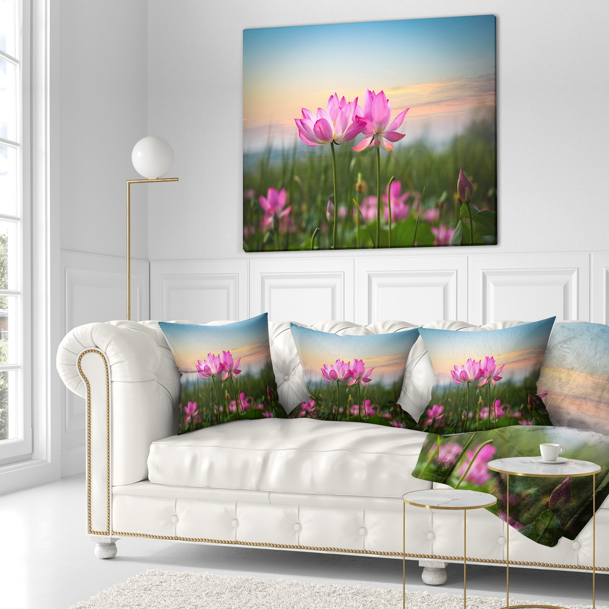 Designart Blooming Lotus Flowers at Sunset - Floral Photo Throw Pillow - 16x16