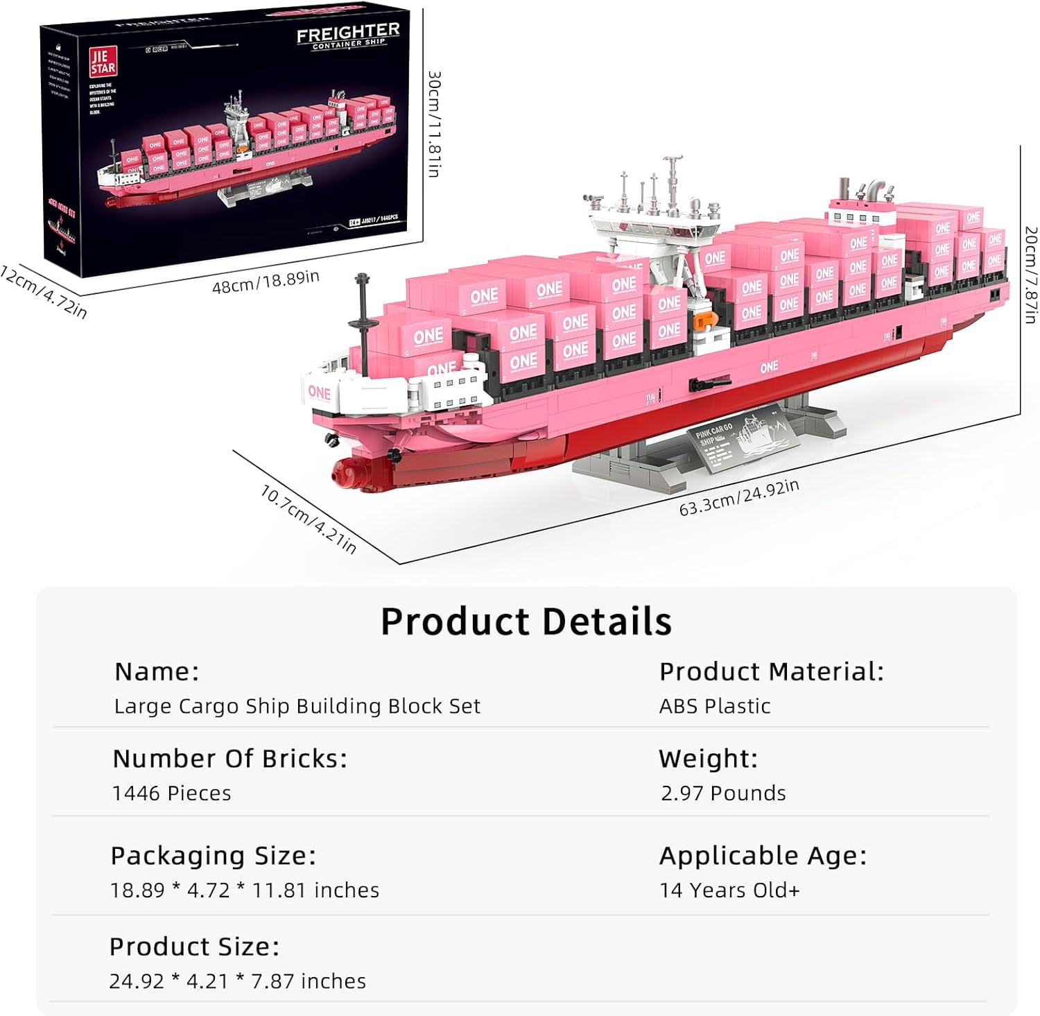 Large Cargo Ship Building Blocks Set with Pink Container, ONE Innovation Vessel Model Kit, City Freight Building Decoration, Shipping Boat Collection, Nautical Enthusiast - 1438PCS